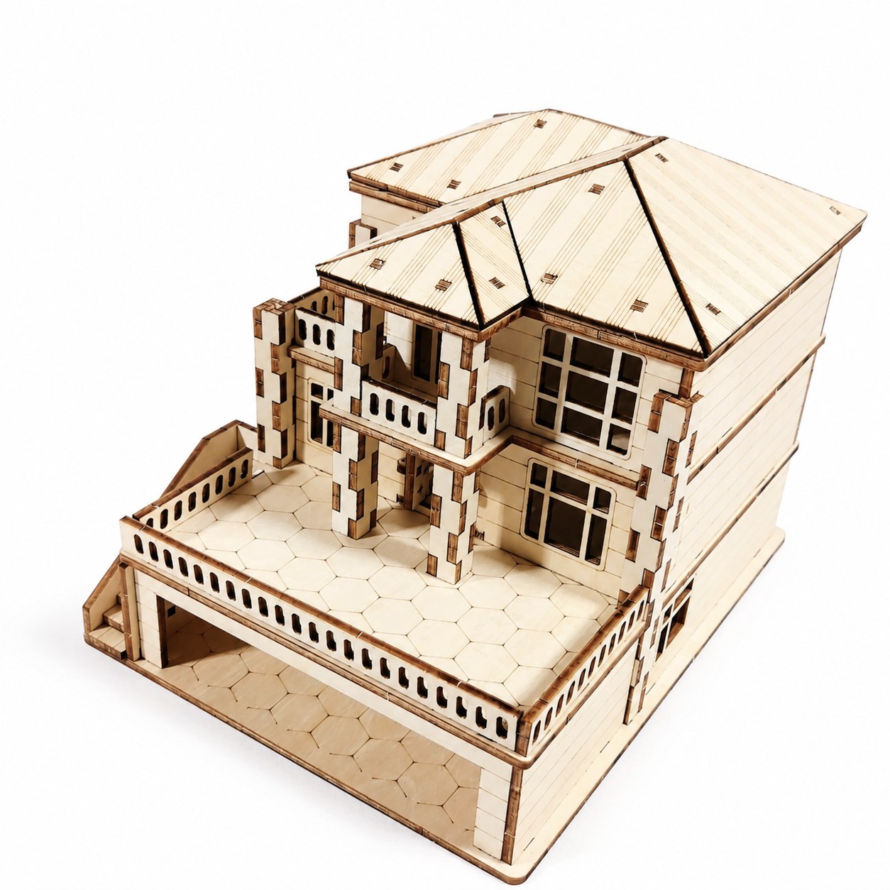 Assembled Modern Villa 3D wooden puzzle on white background