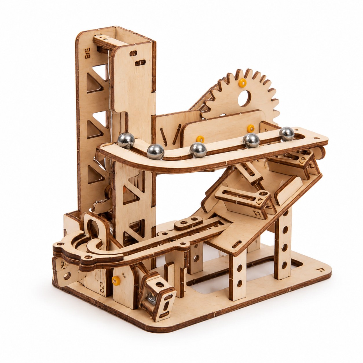 Hand-crank marble run 3D wooden puzzle on white background