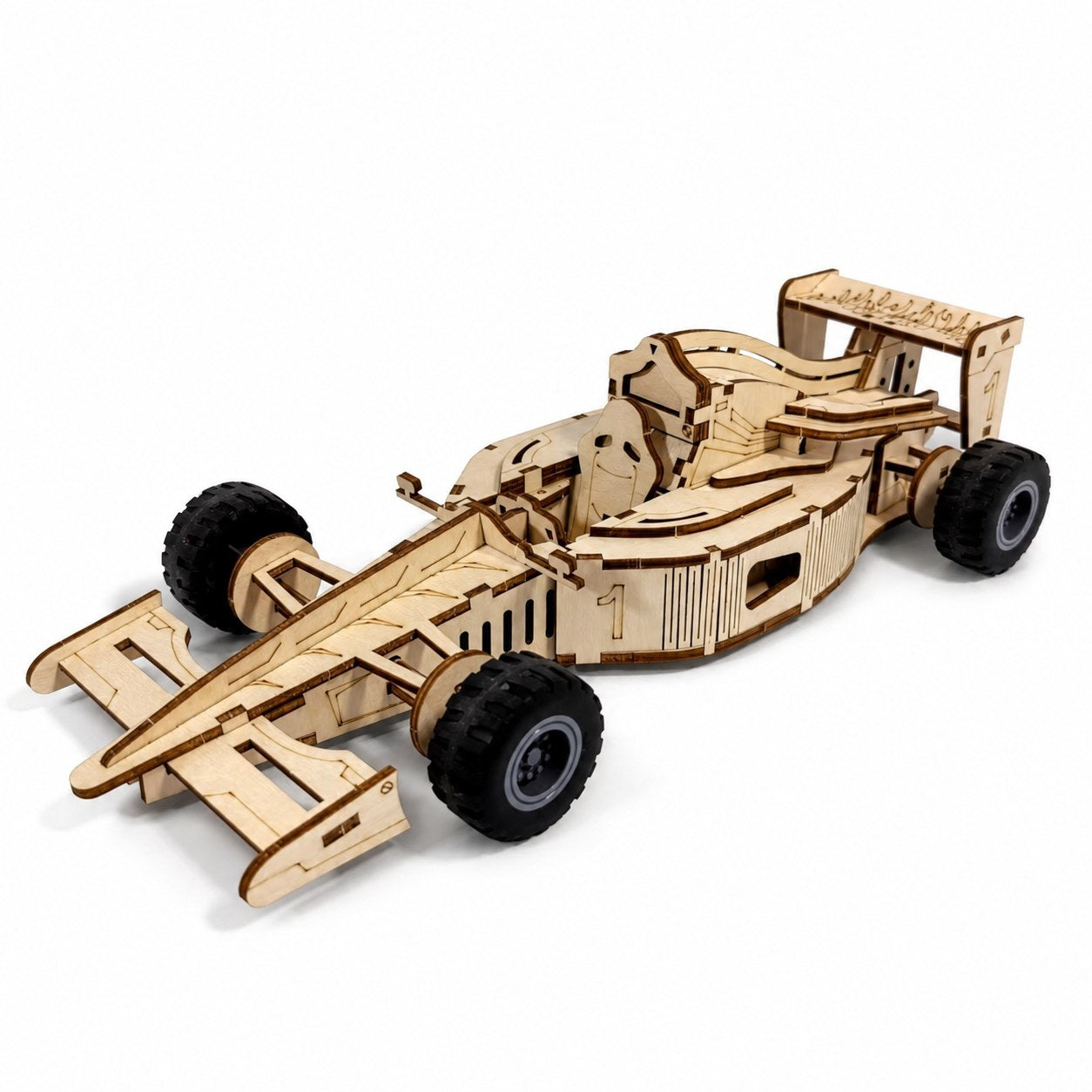 Assembled Grand Prix Race Car 3D Wooden Model Kit on a seamless white studio background.