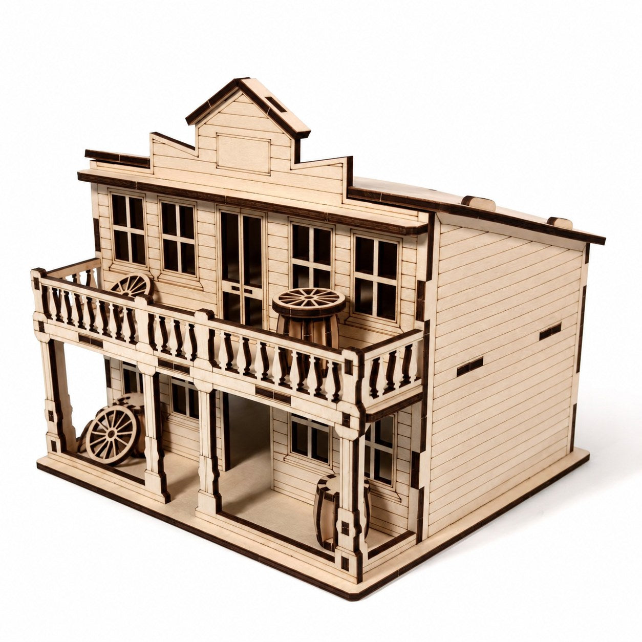 Assembled Wild West Saloon 3D wooden model kit on white background