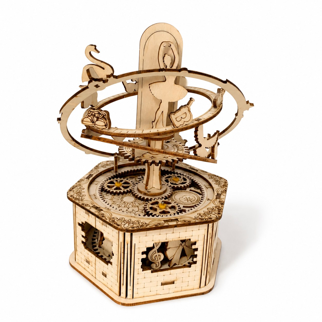 Assembled Orbiting Ballerina 3D wooden puzzle music box on white background