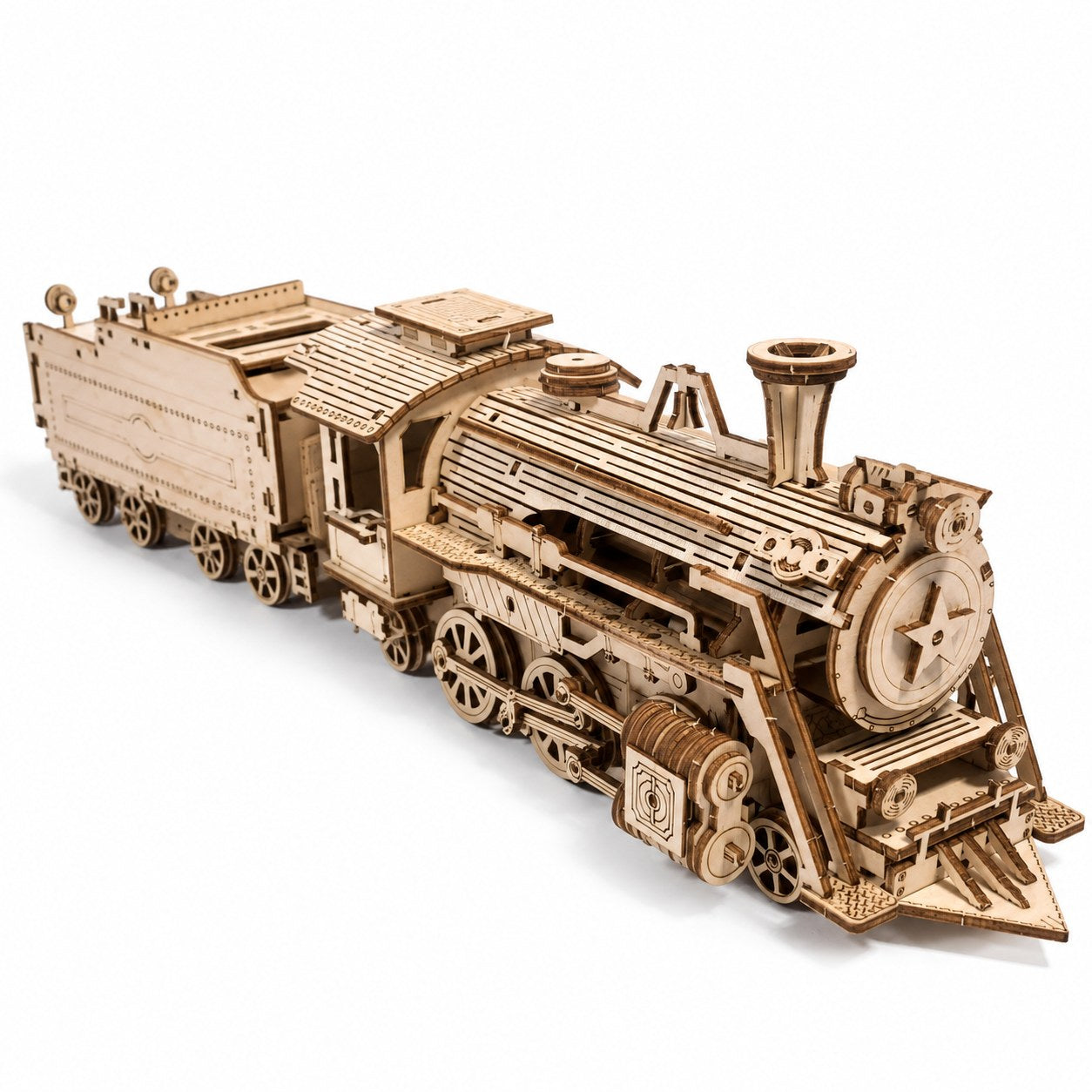 Vintage steam locomotive 3D wooden puzzle fully assembled on a white background.