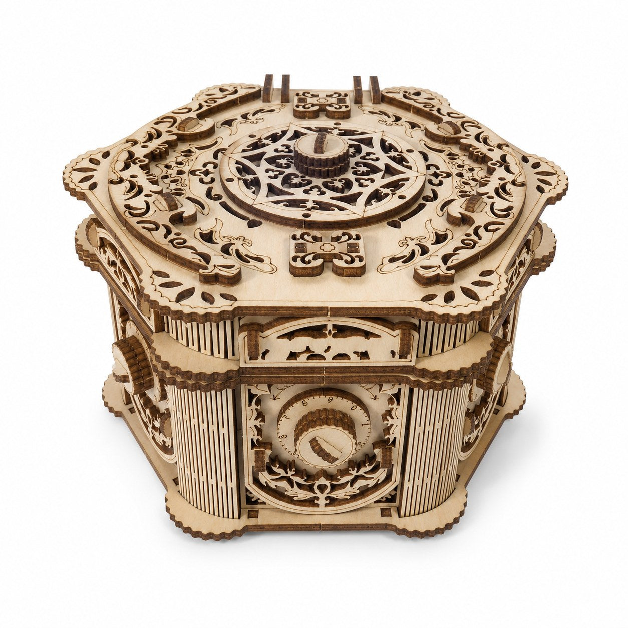 Mechanical Jewelry Box 3D Wooden Puzzle on a white background