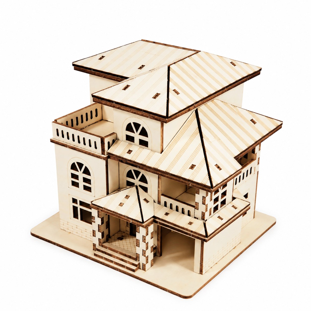 Assembled Modern Villa 3D Wooden Puzzle on a white background