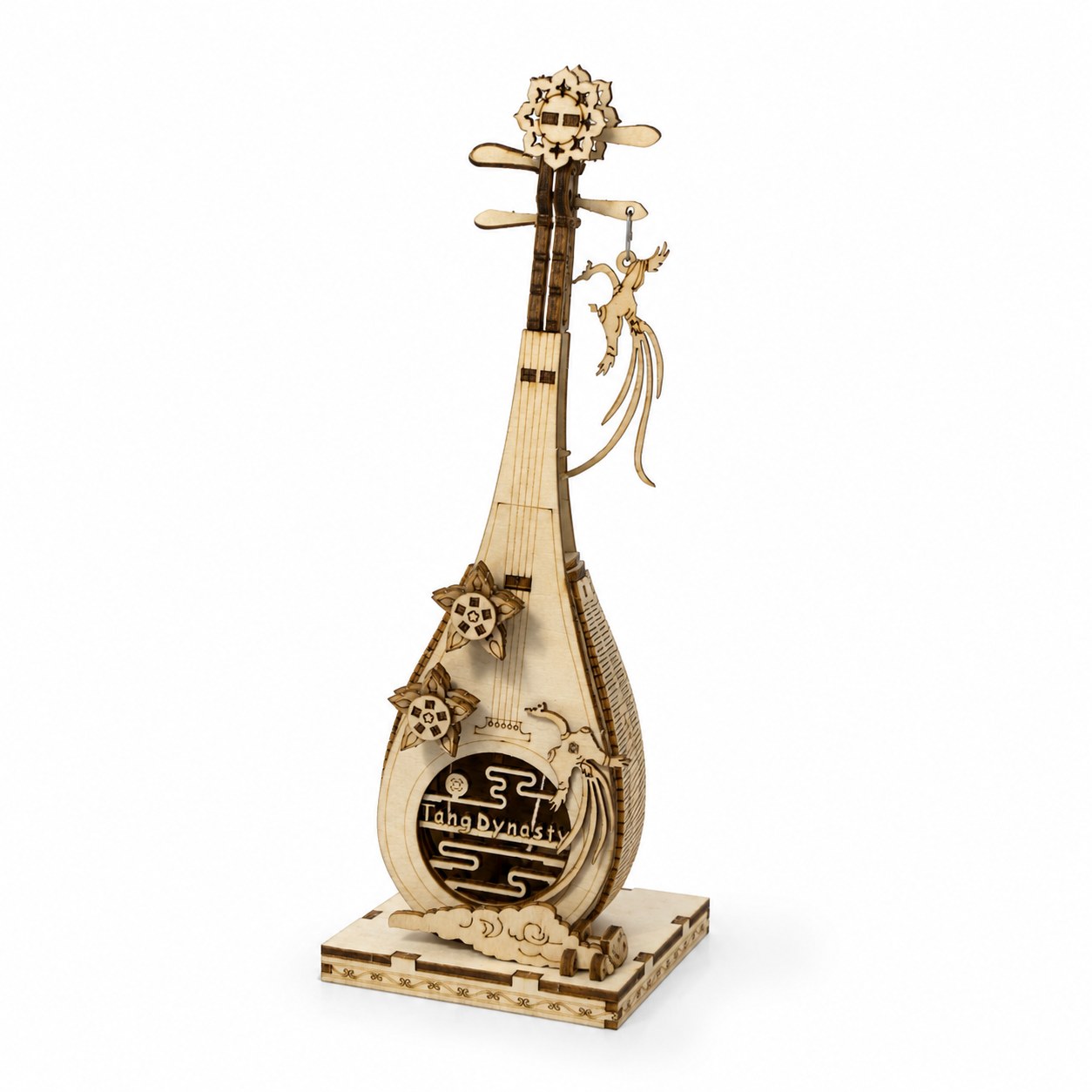 Assembled Traditional Tang Dynasty Pipa 3D Wooden Puzzle on a white background
