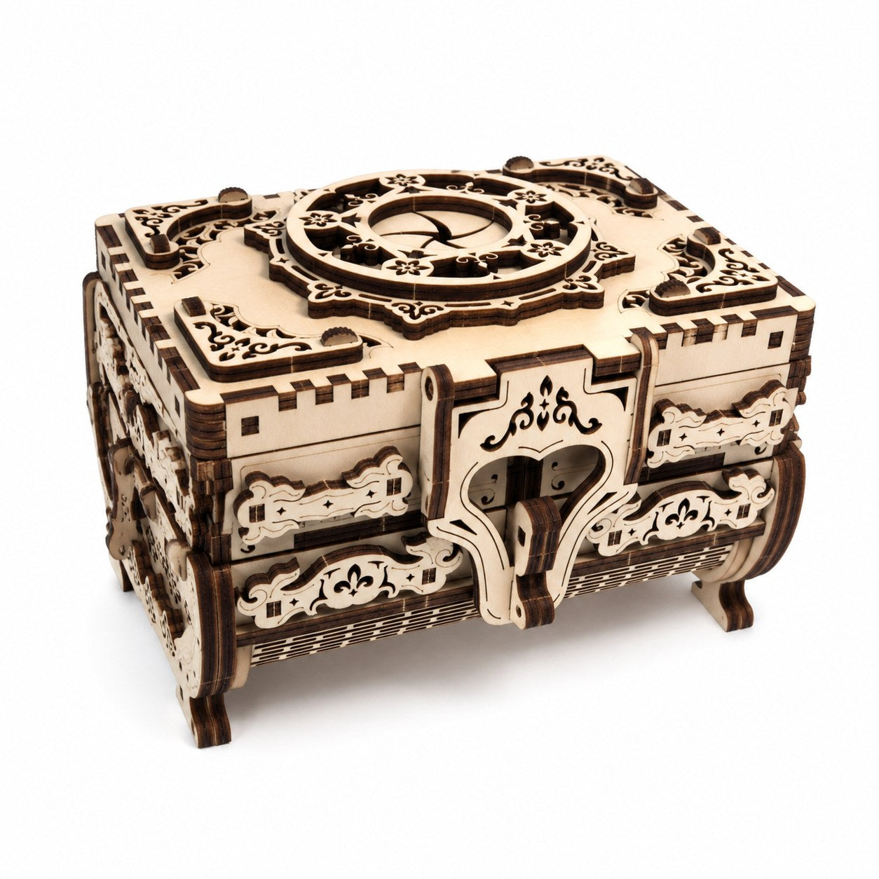 Assembled mechanical music jewelry box 3D wooden puzzle on white background
