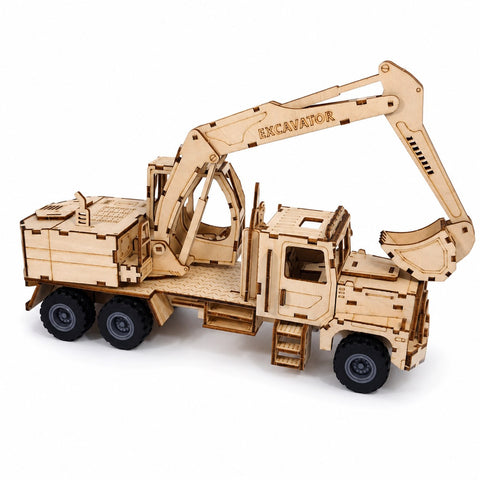 Industrial Excavator Truck 3D Wooden Puzzle on white background