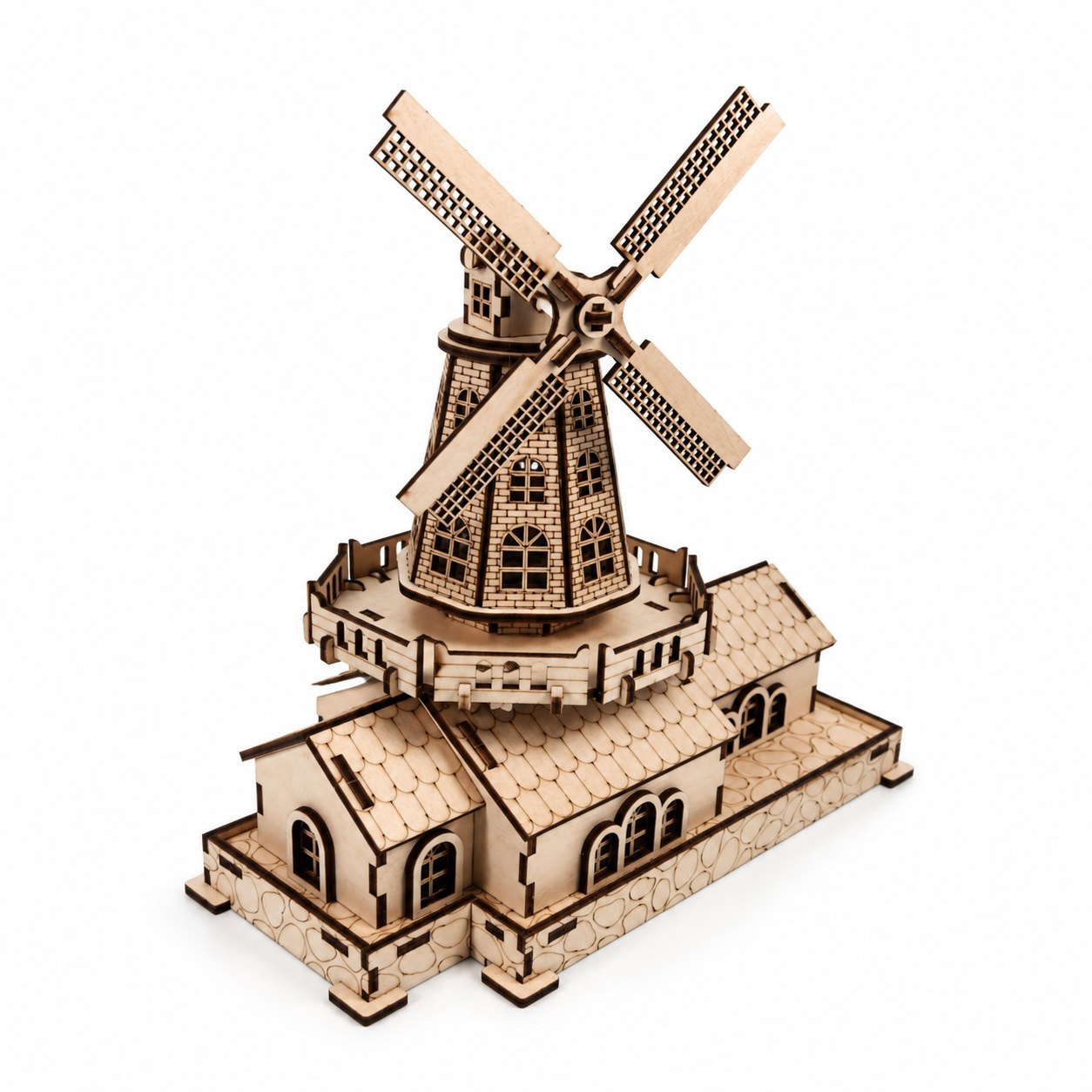 Rustic wooden windmill 3D puzzle model on a white background