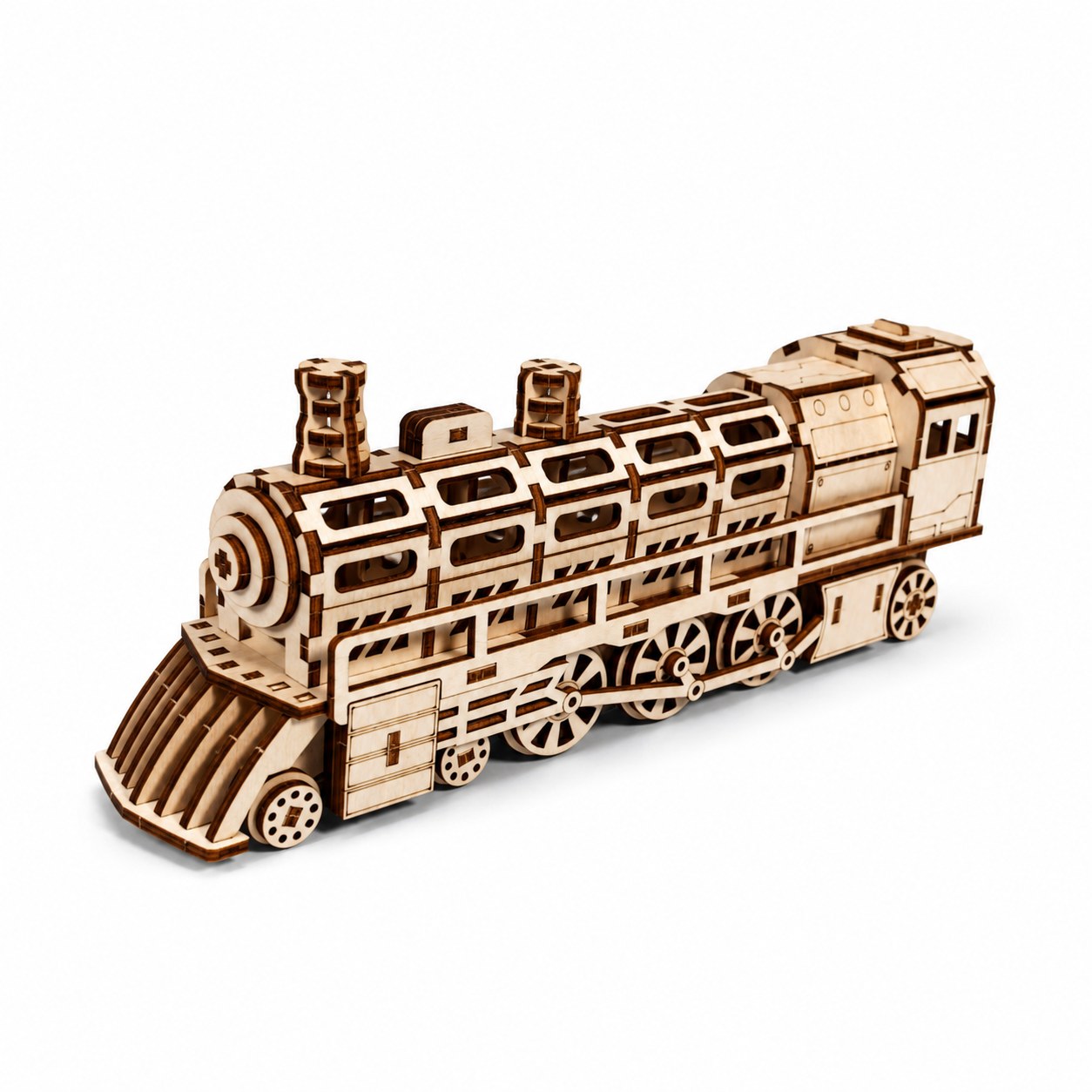 Classic wooden steam locomotive 3D puzzle on white background