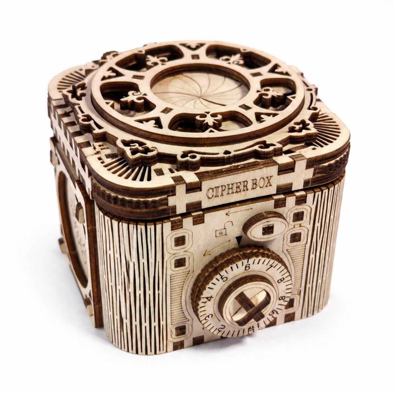 Mechanical Cipher Box 3D Wooden Puzzle fully assembled on white background