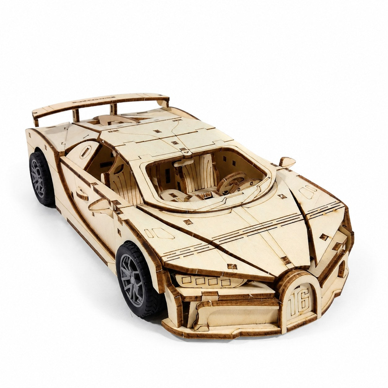 Completed 3D wooden hypercar model on a white background