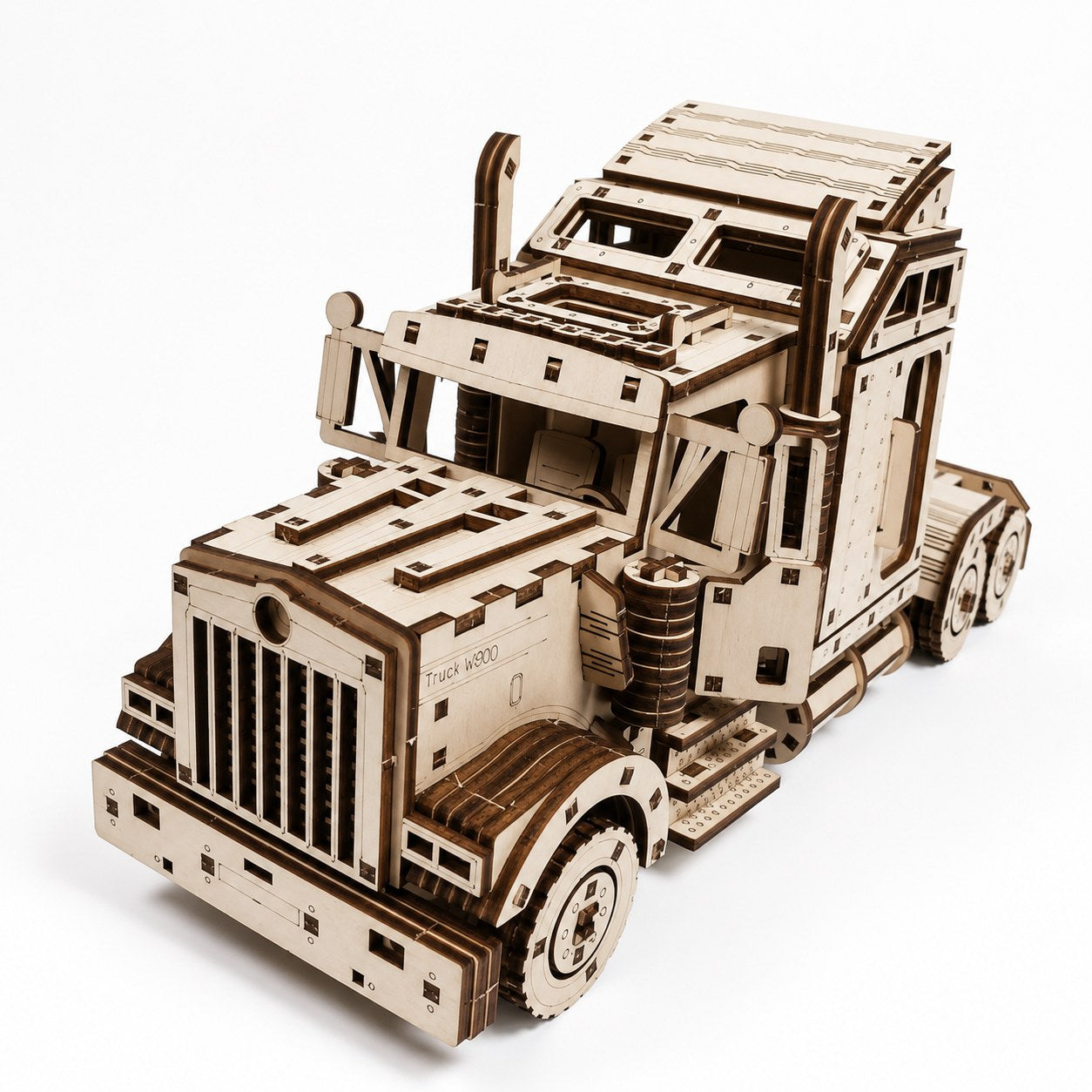 Classic Highway Semi-Truck 3D Wooden Model Kit on a white background