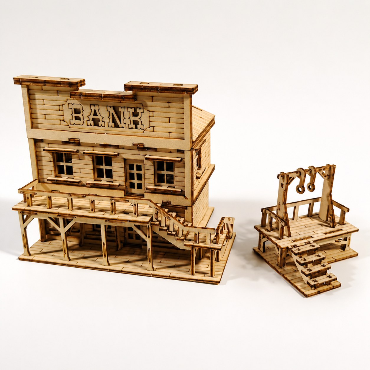 Assembled Wild West bank and gallows 3D wooden puzzle