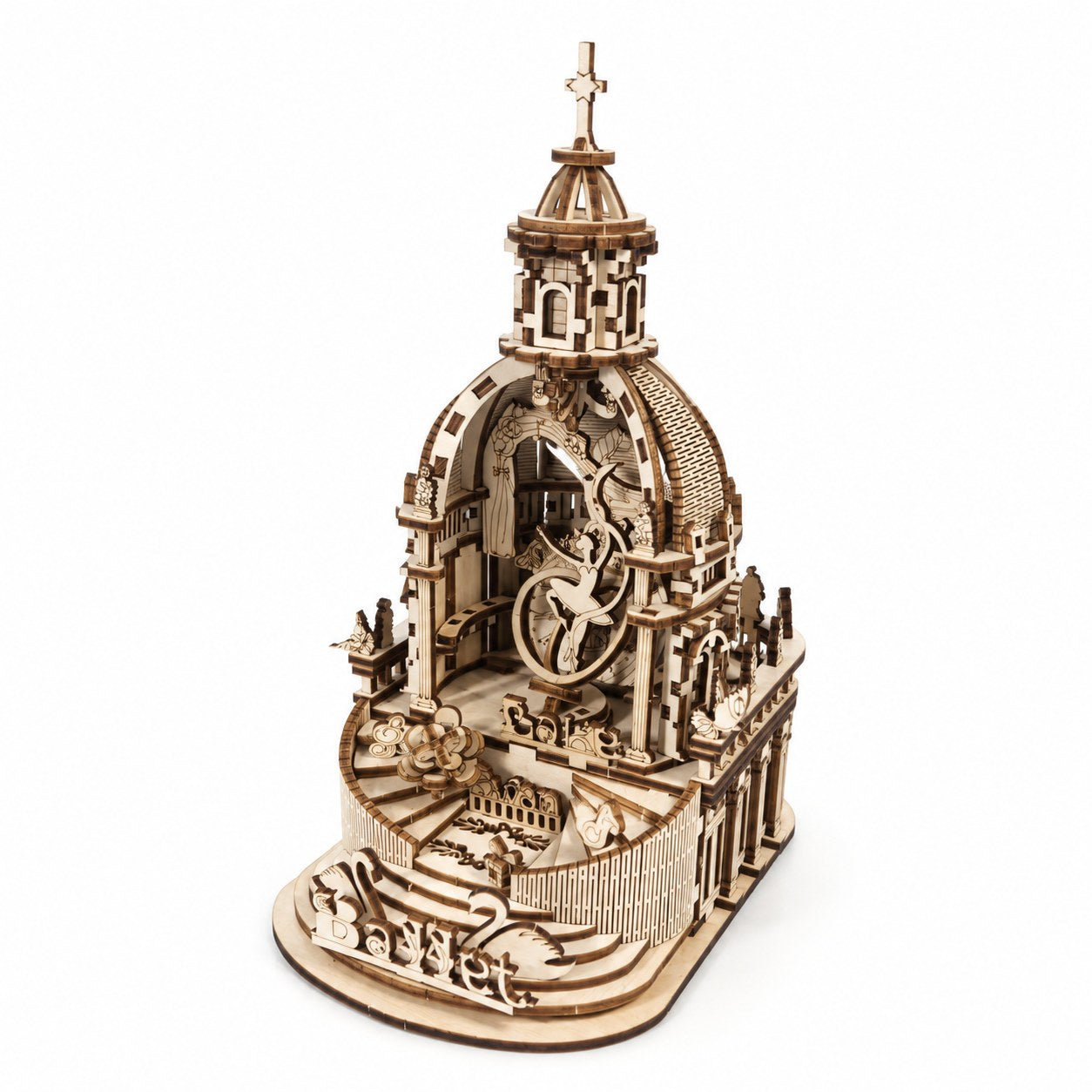 Assembled Musical Swan Lake 3D Wooden Puzzle on a white background