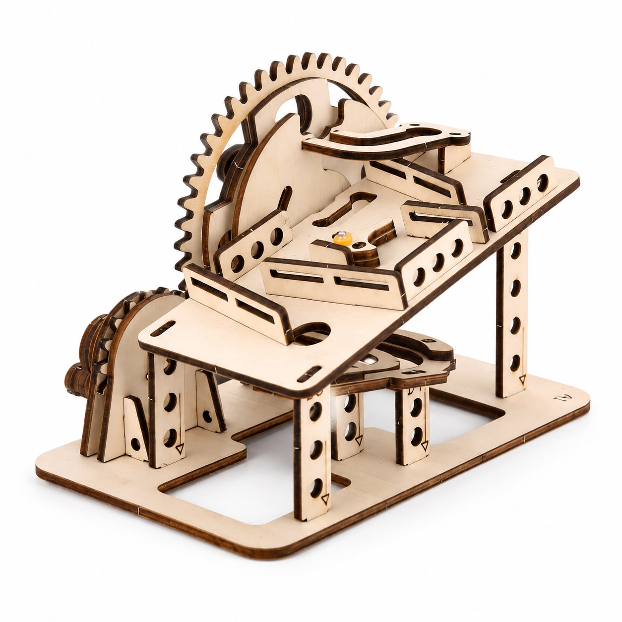 Assembled kinetic marble run 3D wooden puzzle on a white background