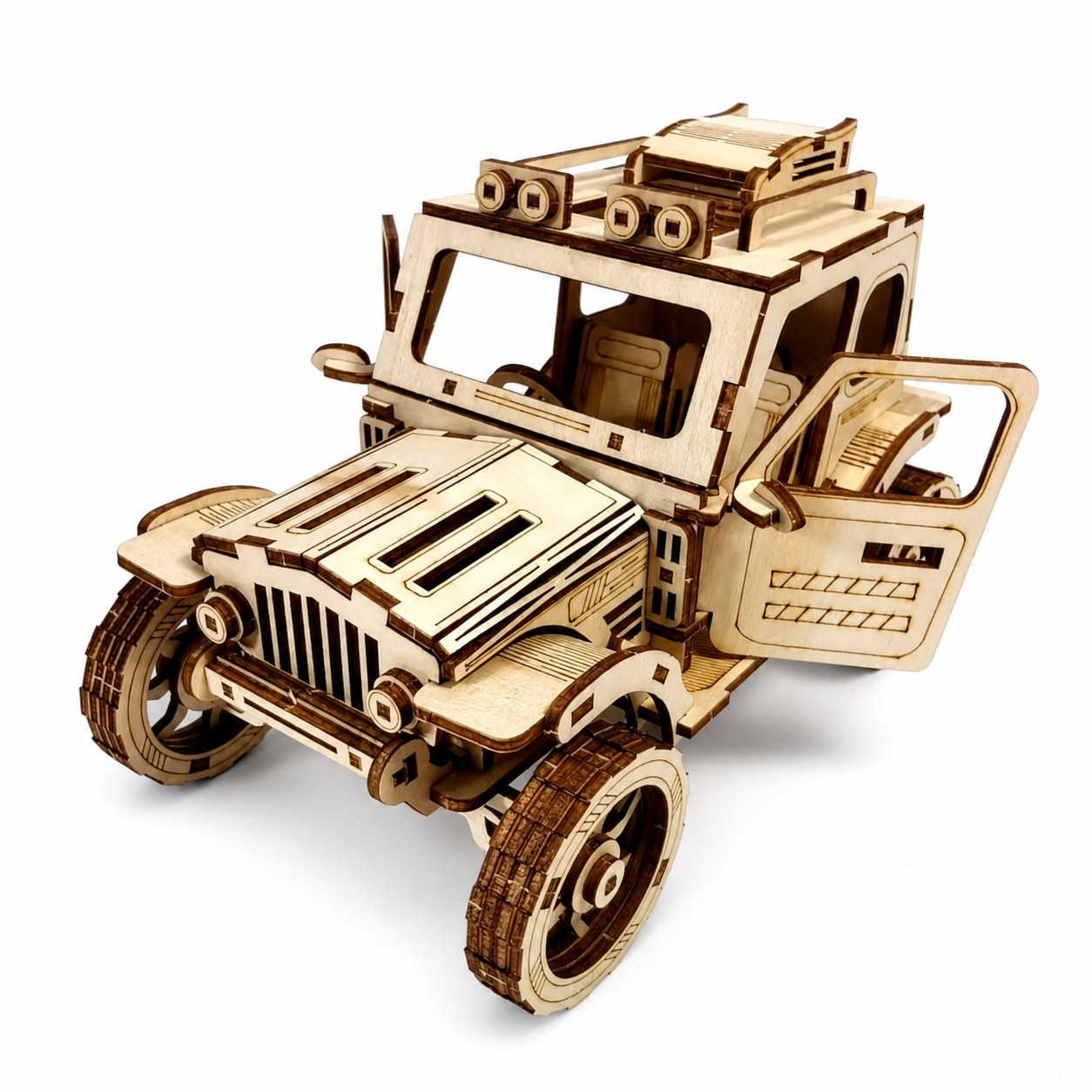 Assembled 3D wooden puzzle model of a 4x4 off-road vehicle on a white background.