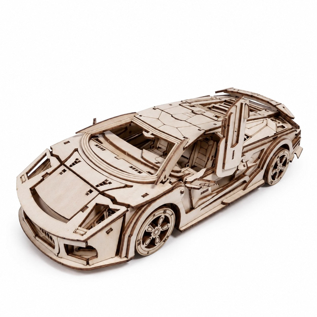 Assembled exotic supercar 3D wooden puzzle on white background