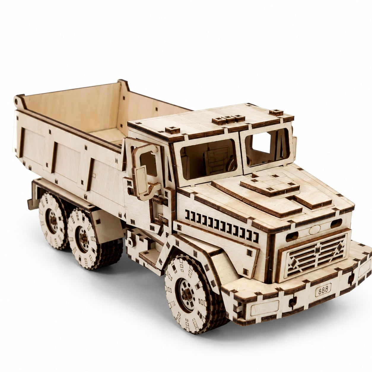Assembled Heavy-Duty Dump Truck 3D wooden model kit on a white background