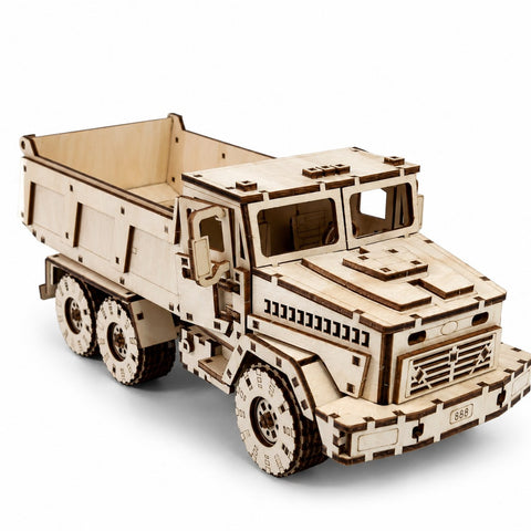 Assembled Heavy-Duty Dump Truck 3D wooden model kit on a white background
