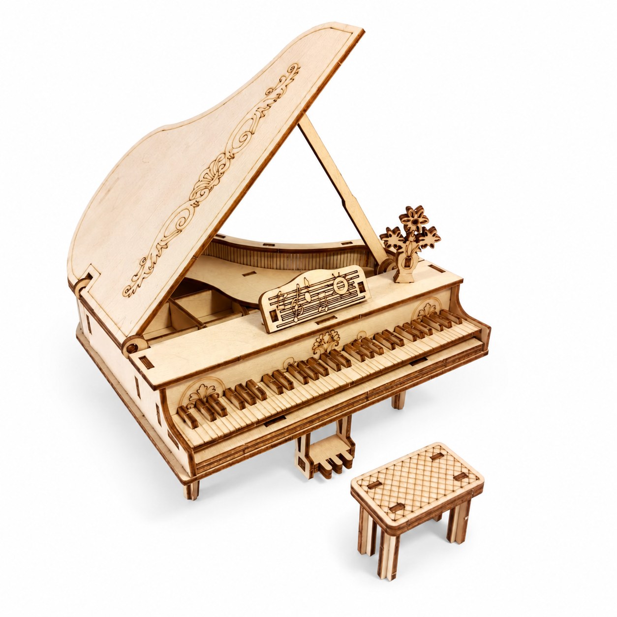 Elegant Grand Piano 3D Wooden Puzzle with open lid revealing hidden storage compartments
