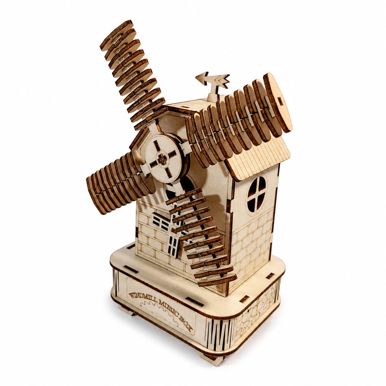 Assembled wooden windmill music box 3D puzzle on white background