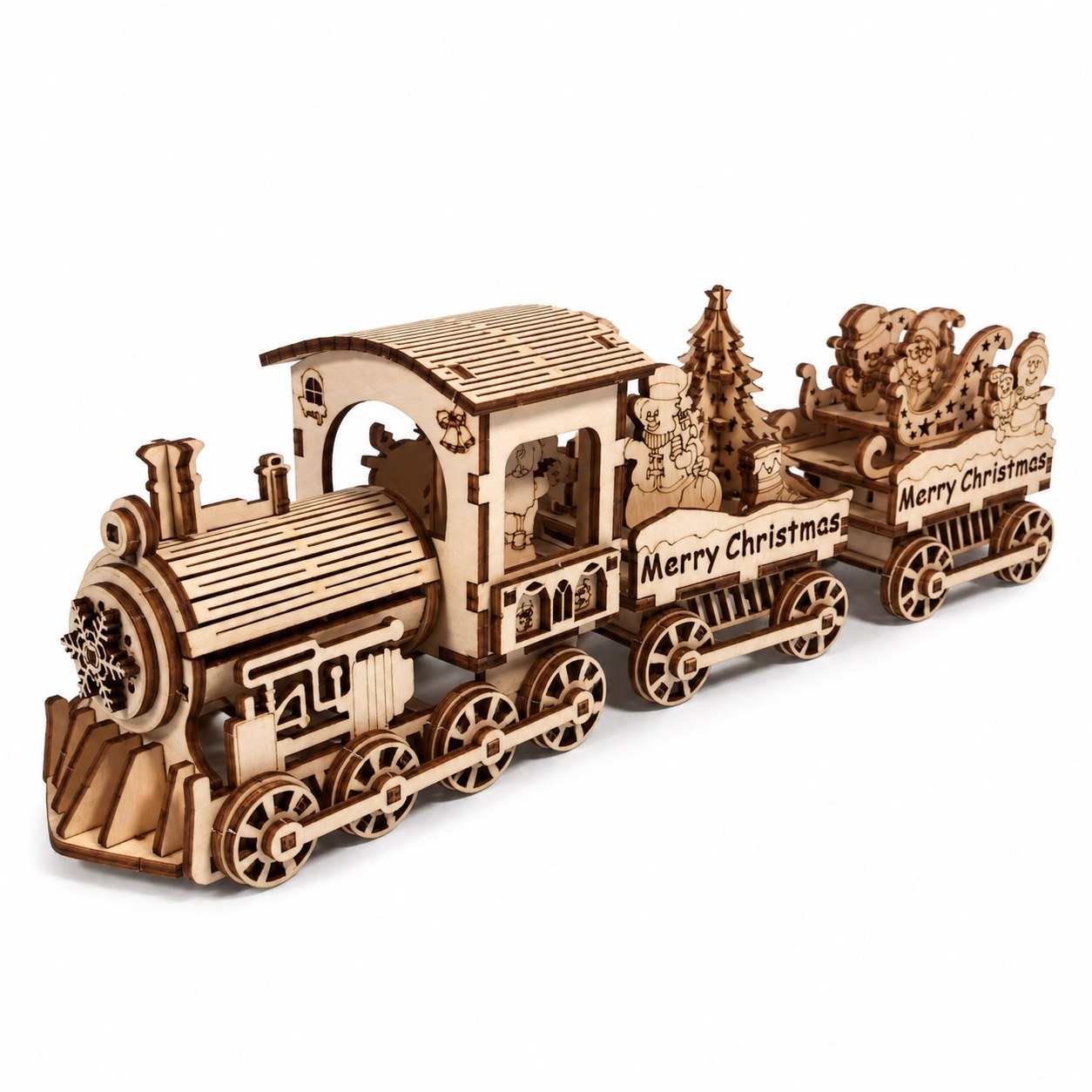 Assembled wooden Christmas train 3D puzzle on white background