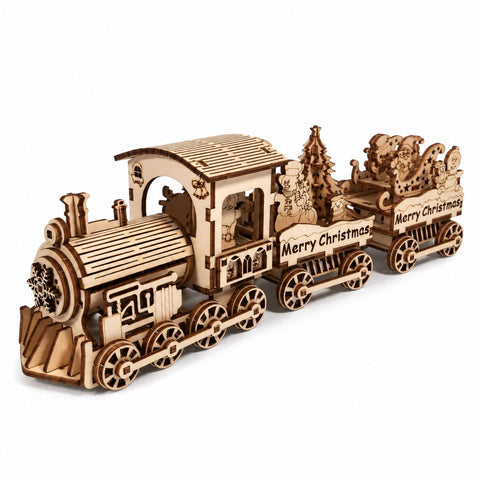 Assembled wooden Christmas train 3D puzzle on white background