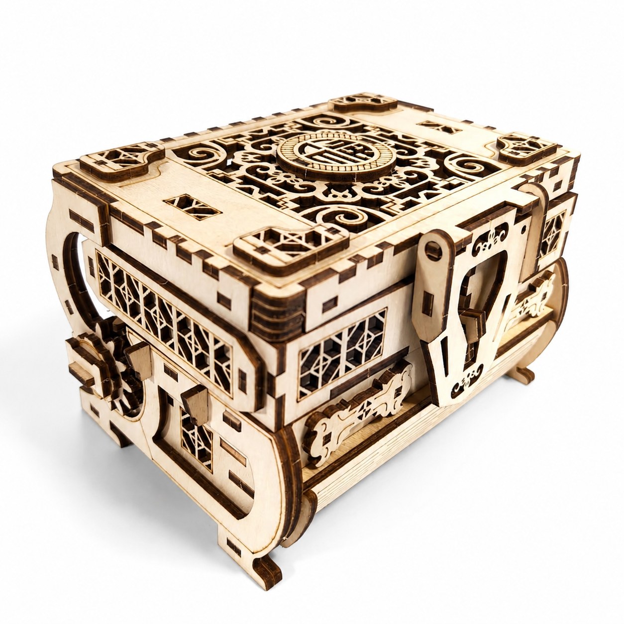Mechanical wooden treasure box 3D puzzle on white background