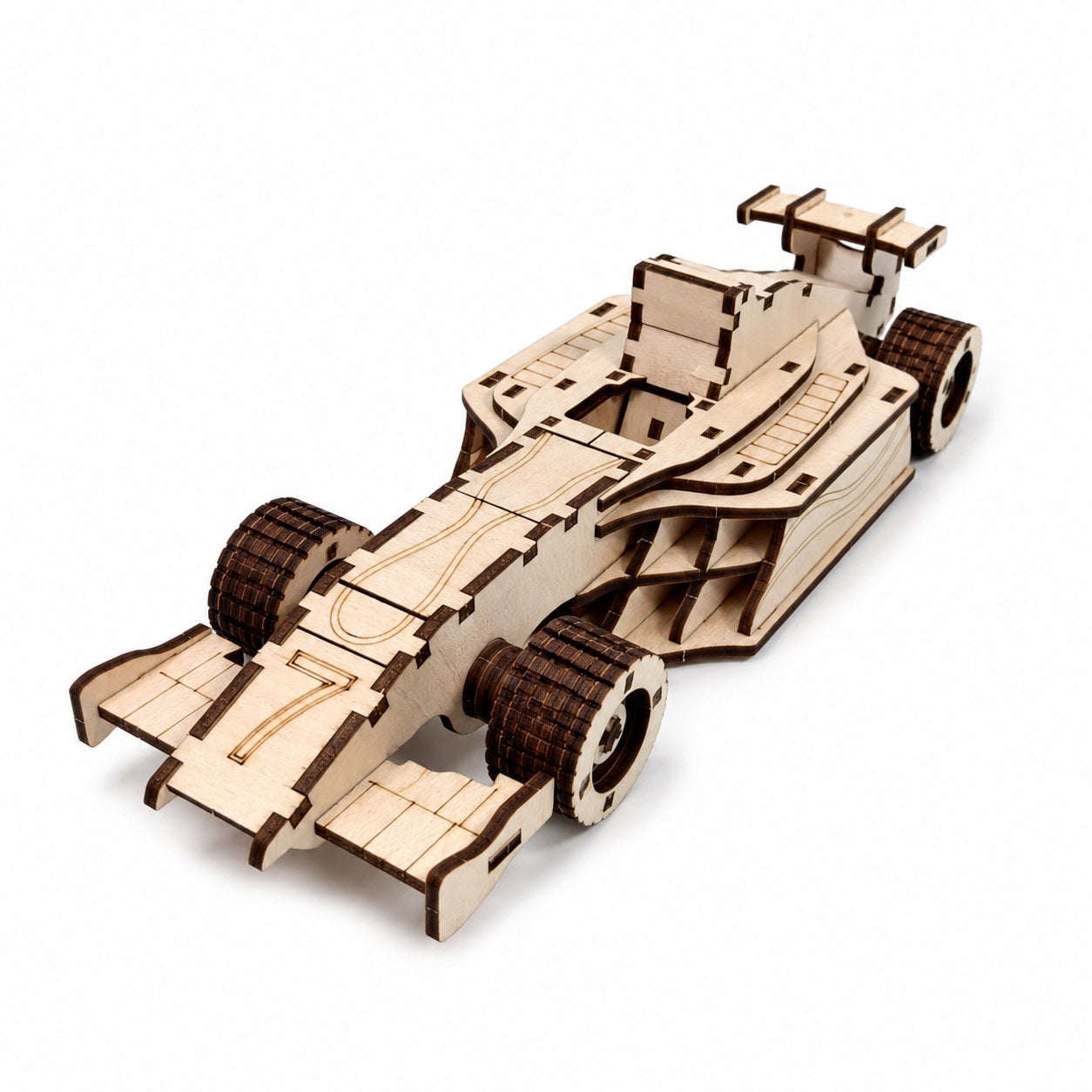 Wooden open-wheel race car 3D puzzle on white background