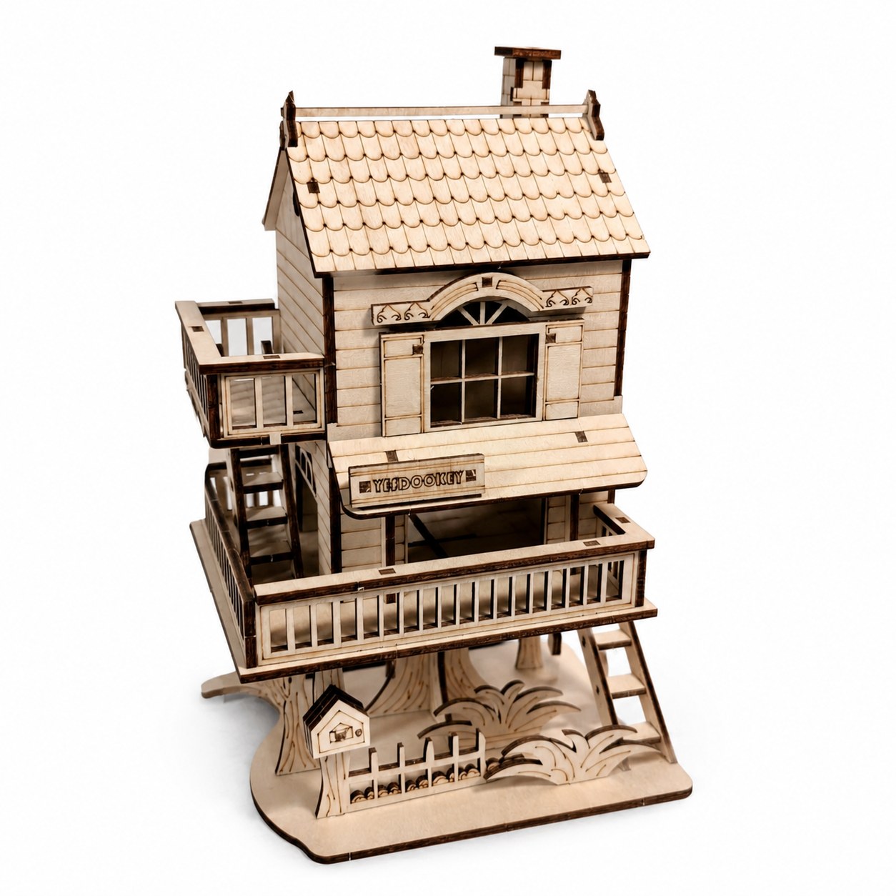 Assembled Rustic Treehouse 3D Wooden Puzzle on a white background