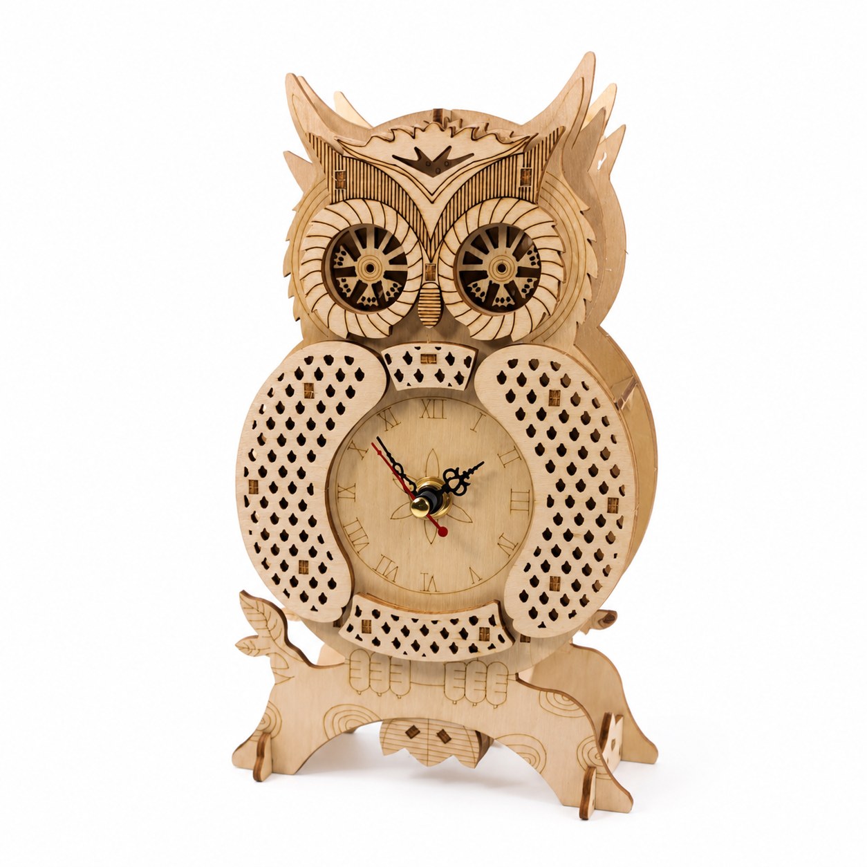 Rustic Owl Clock 3D Wooden Puzzle fully assembled on white background