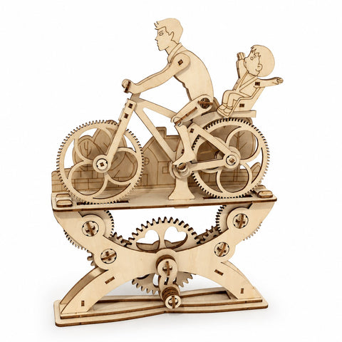 Father and child bicycle 3D wooden puzzle on white background