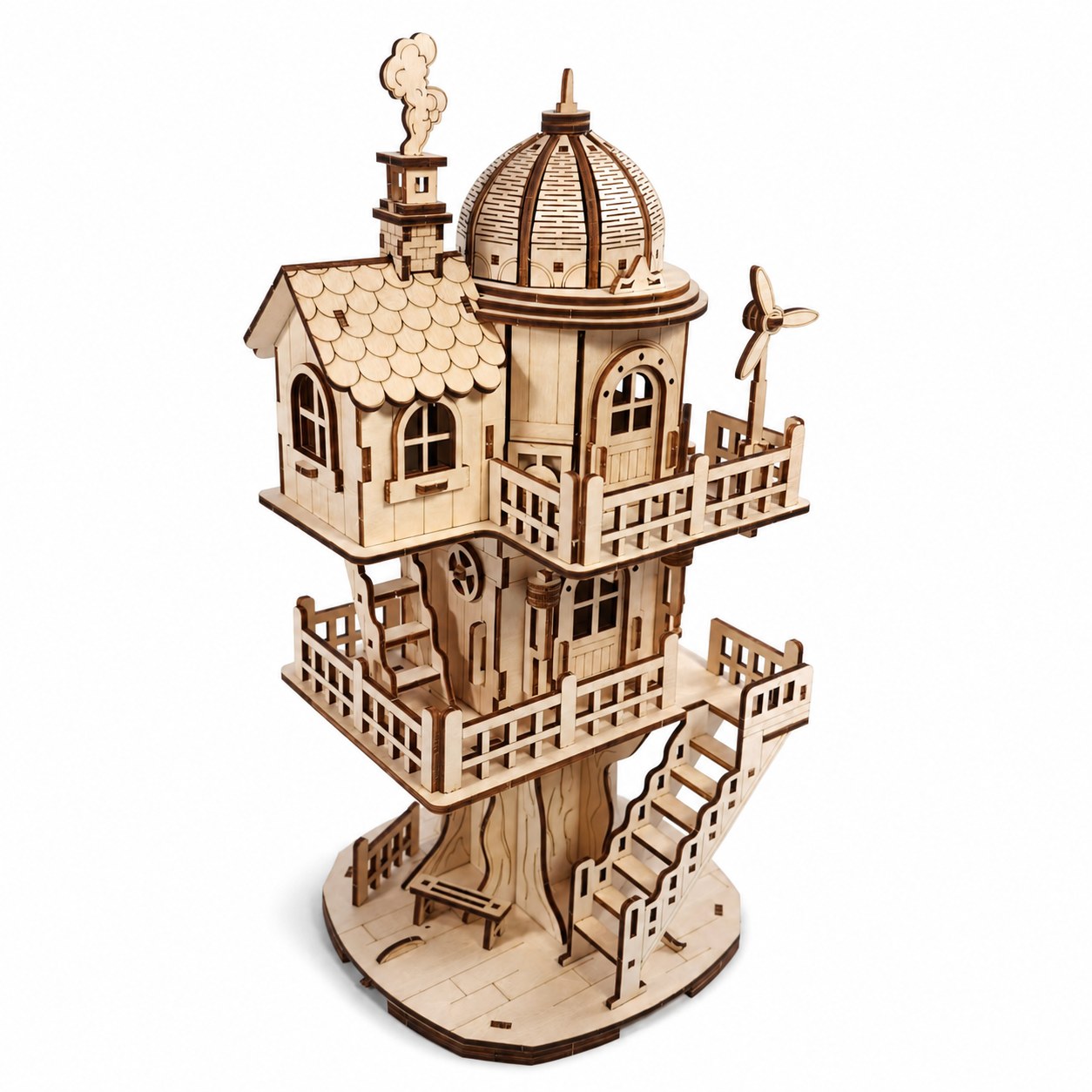 Assembled whimsical wooden treehouse 3D puzzle on a white background