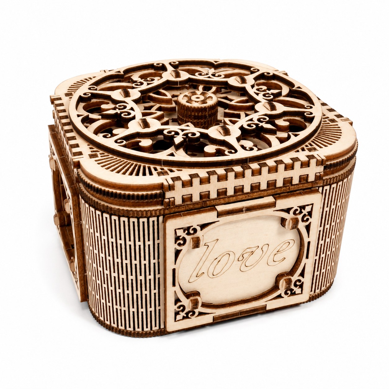 Assembled romantic mechanical jewelry box 3D wooden puzzle on white background