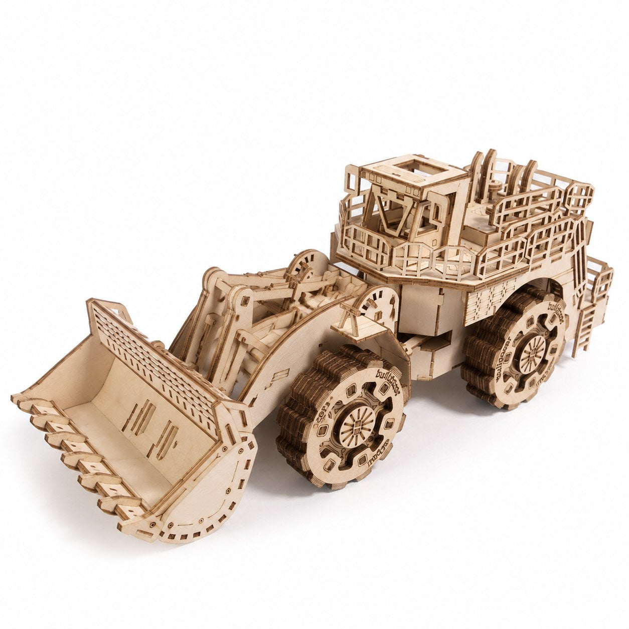 Heavy-Duty Bulldozer 3D Wooden Model Kit on white background