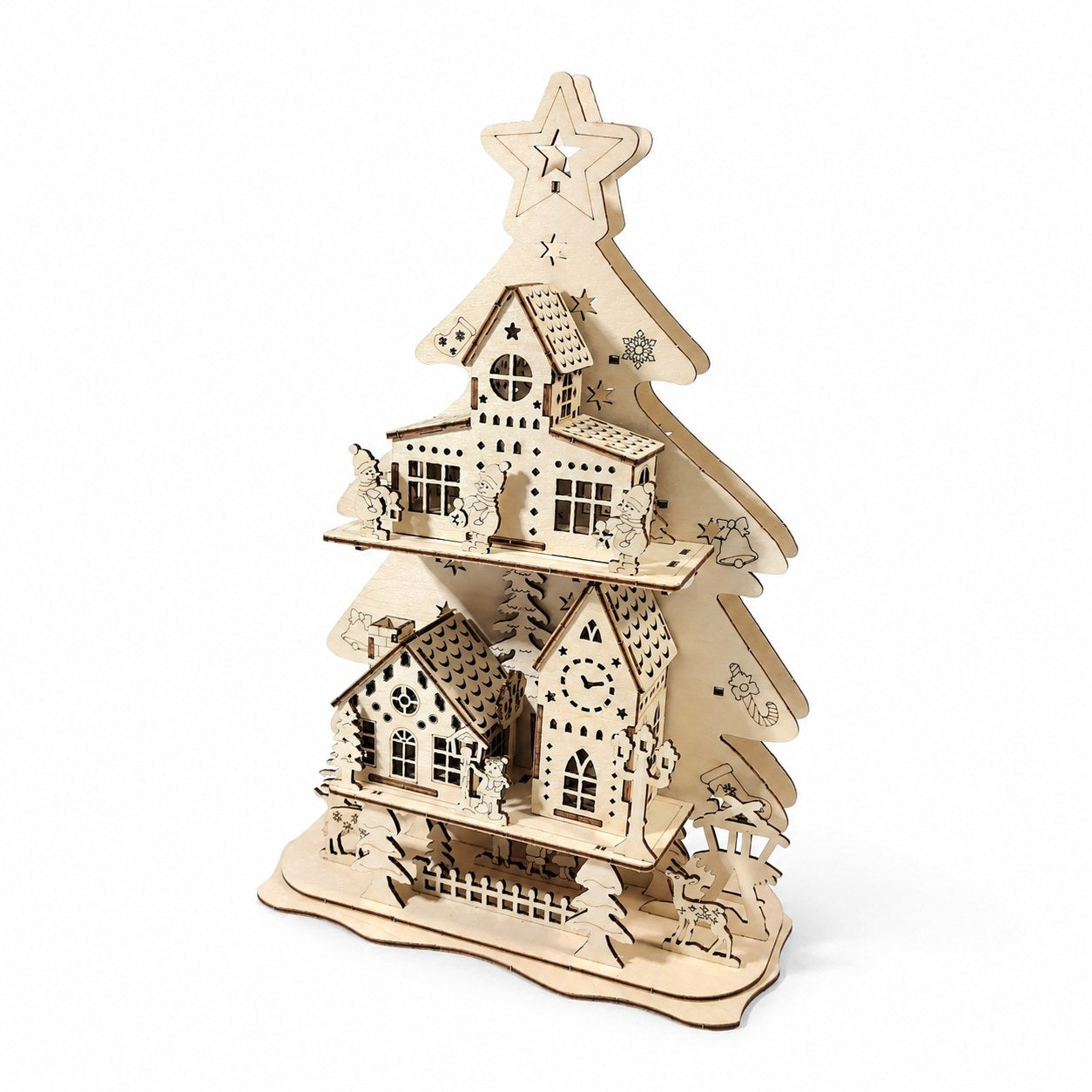 Assembled Festive Village Christmas Tree 3D Wooden Puzzle on a white background
