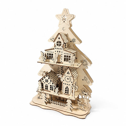 Assembled Festive Village Christmas Tree 3D Wooden Puzzle on a white background