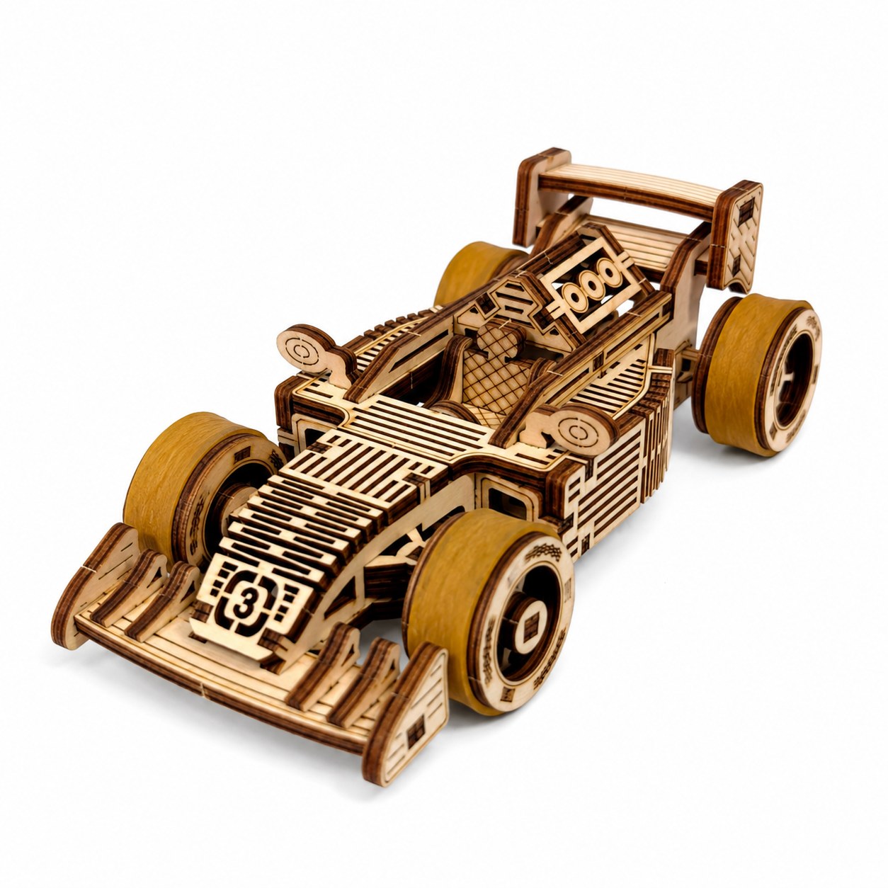 Wooden formula-style open-wheel race car 3D puzzle on white background