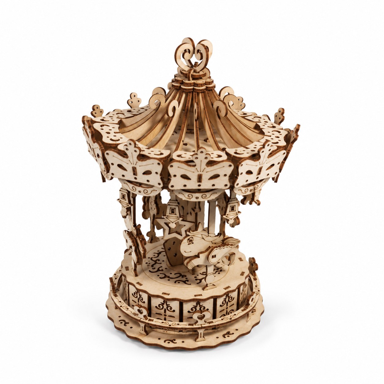 Assembled vintage carousel 3D wooden puzzle on a white background
