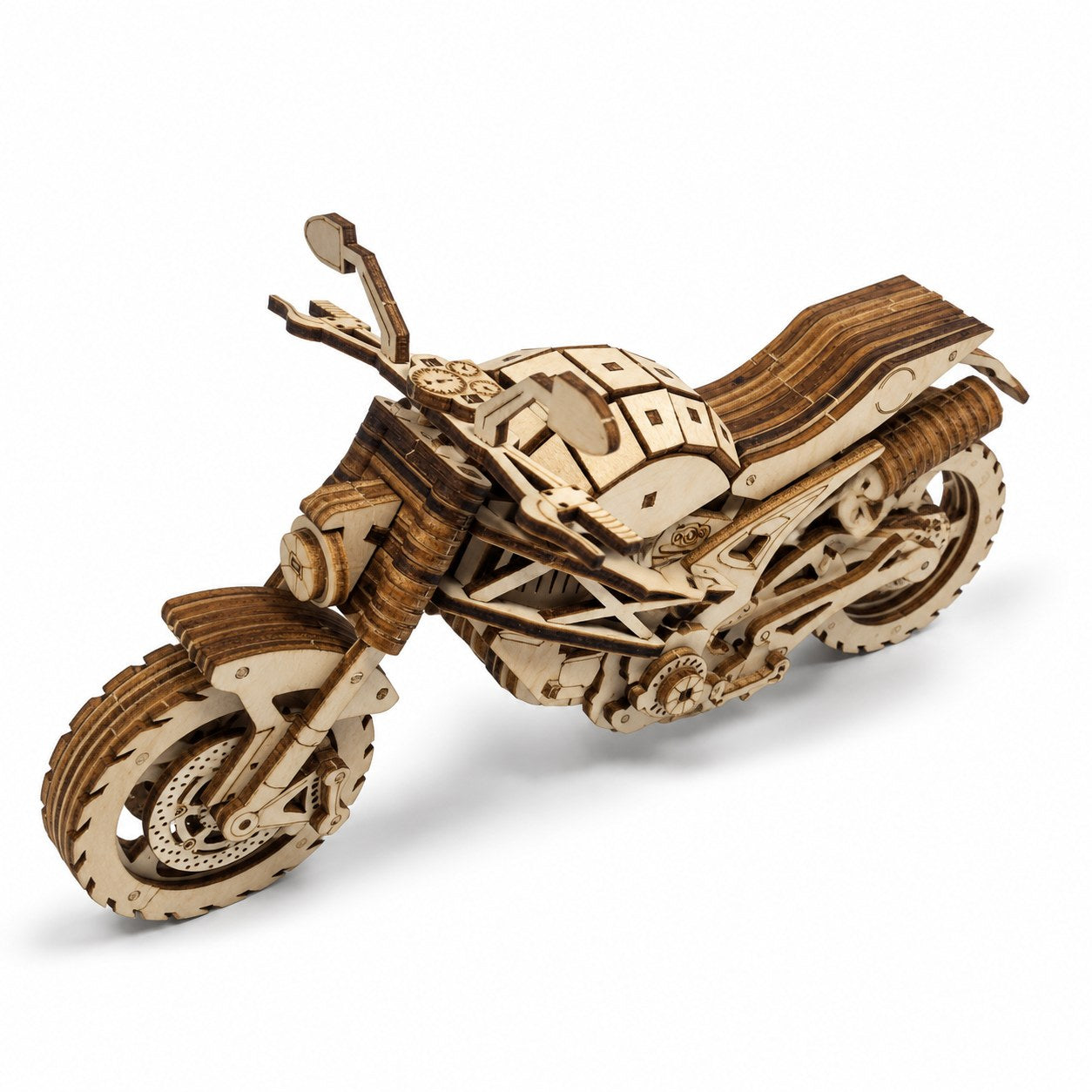 Cruiser motorcycle 3D wooden model kit on a white background.