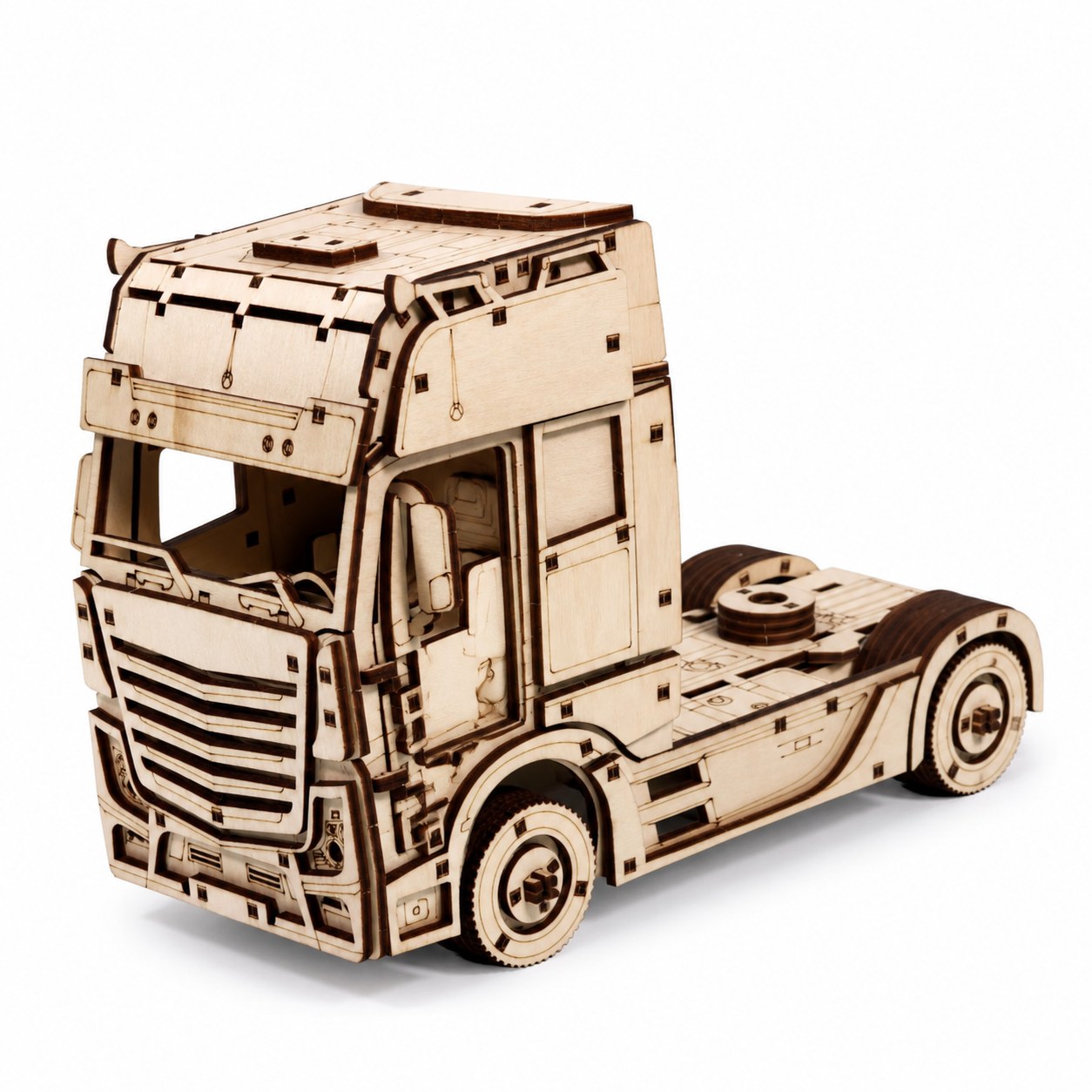 Assembled European cab-over semi truck 3D wooden model kit on a white background
