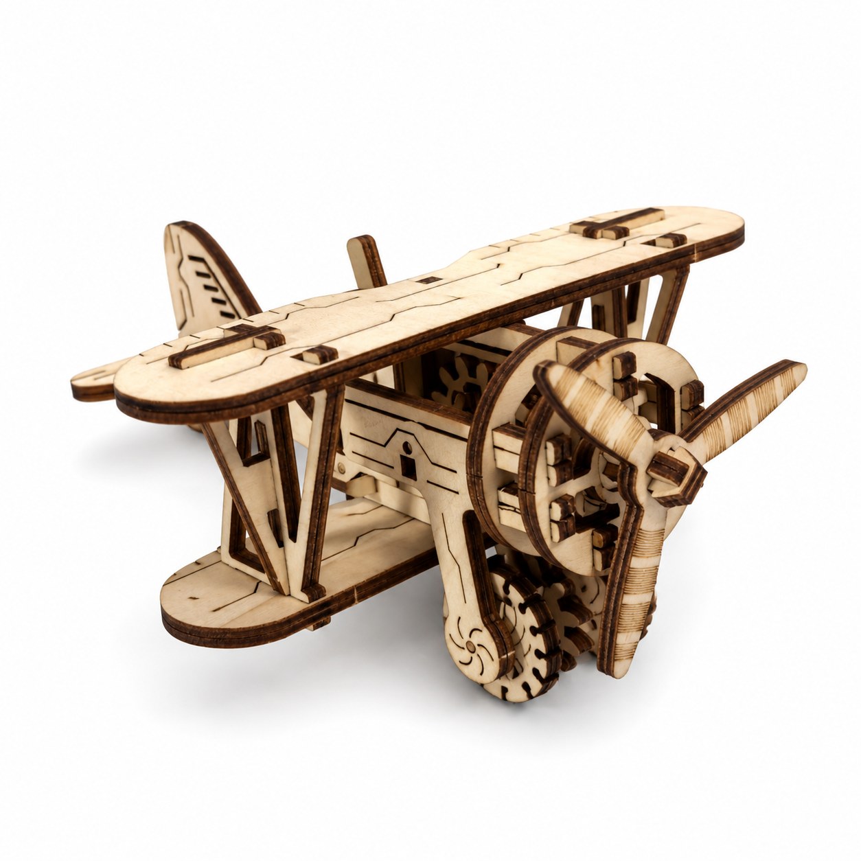 Assembled Vintage Biplane 3D Wooden Puzzle on a white background