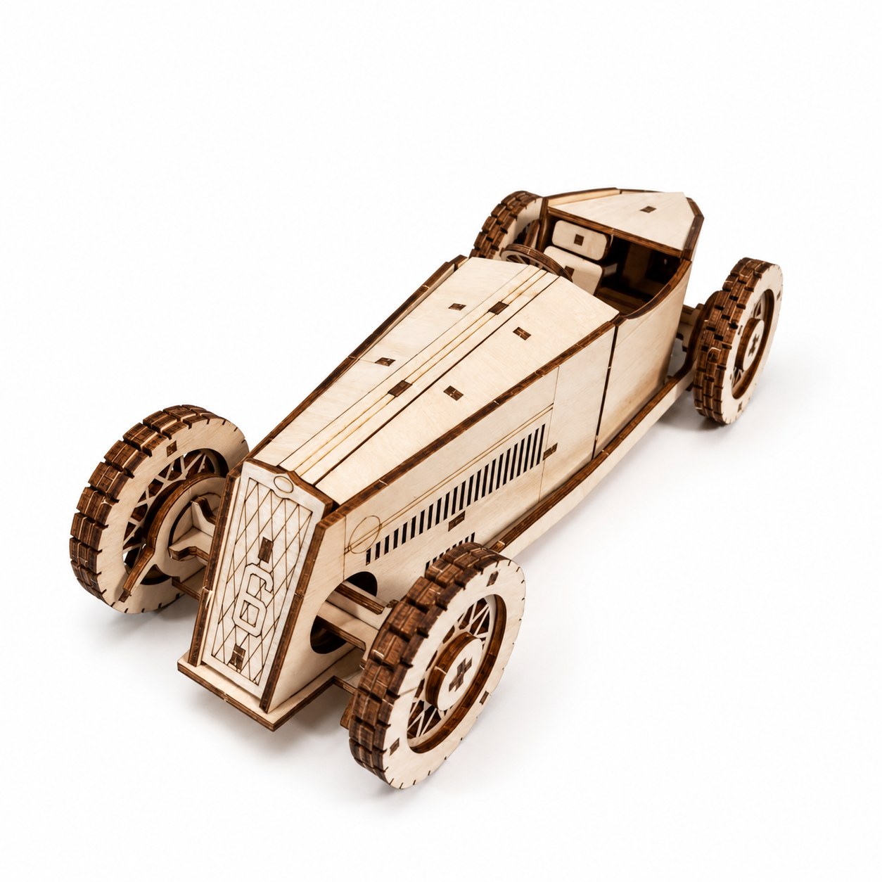 Vintage Grand Prix Race Car 3D Wooden Puzzle fully assembled on a white background