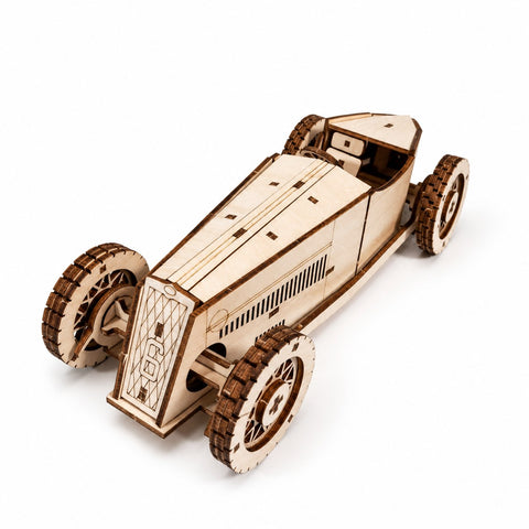 Vintage Grand Prix Race Car 3D Wooden Puzzle fully assembled on a white background