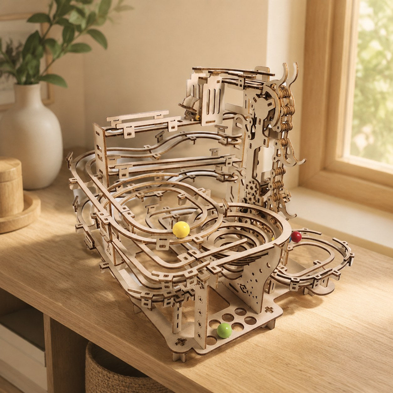 Assembled mechanical marble run 3D wooden puzzle displayed on an oak desk in a living room.