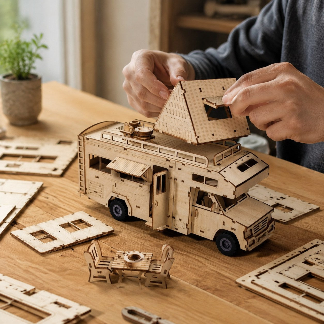 Adult hands assembling the wooden RV camper model kit on a workbench