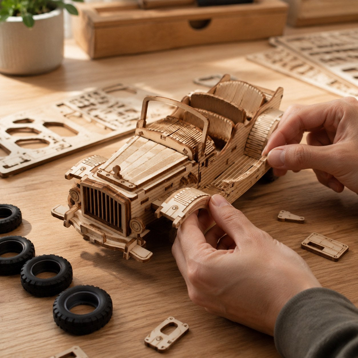 Adult hands assembling the Vintage Convertible Car 3D Wooden Puzzle on a wooden workbench