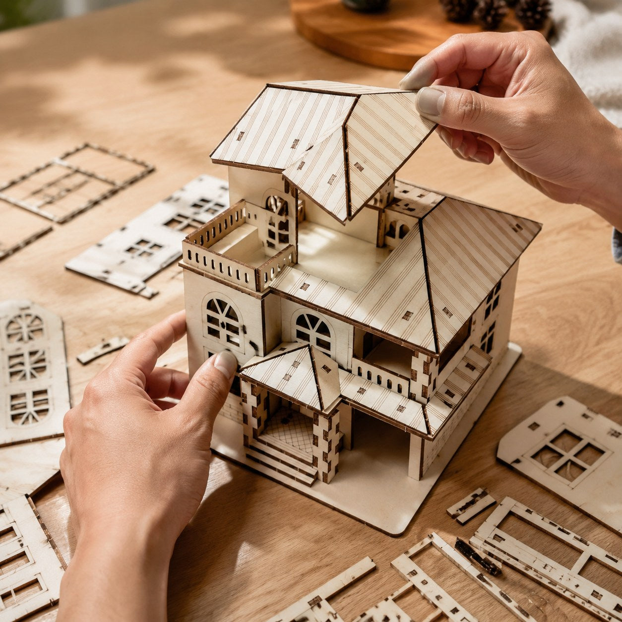 Adult hands assembling the Modern Villa 3D Wooden Puzzle on a workbench