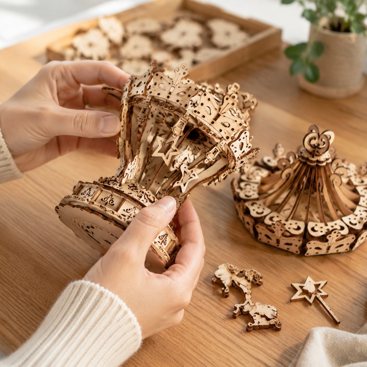 Adult hands assembling the vintage carousel 3D wooden puzzle on a workbench