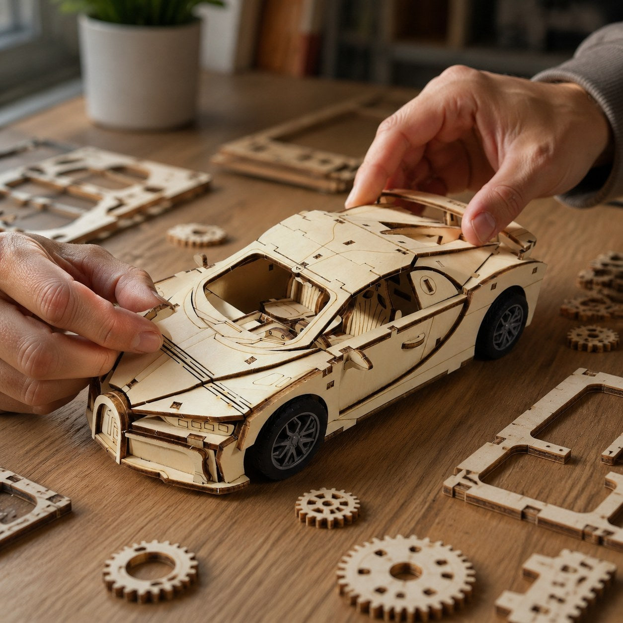 Person assembling the wooden hypercar model on a workbench